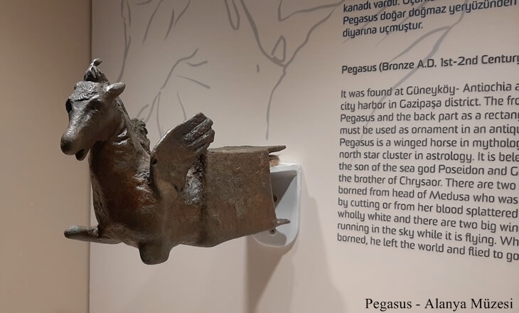 Alanya M&uuml;zesi&rsquo;nde sergilenen, Antiochia ad Cragum kazılarından &ccedil;ıkarılmış bronz Pegasus fig&uuml;r&uuml;; arka planda İngilizce ve T&uuml;rk&ccedil;e bilgilendirme metniyle birlikte.