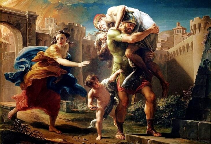 Aeneas’ın Troya’nın yıkımı sırasında babası Ankhises’i ve oğlu Ascanius’u kurtararak şehirden kaçışı, mitolojik tablo